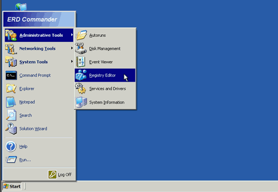 ERD Commander - запуск редактора реестра