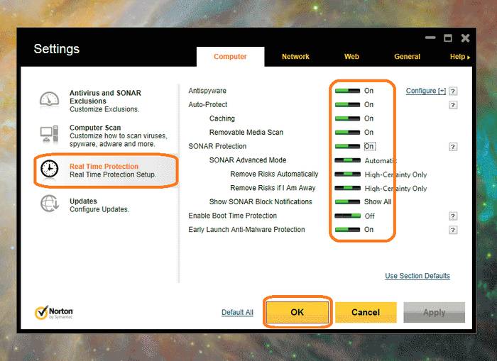 Как отключить самозащиту Norton Internet Security