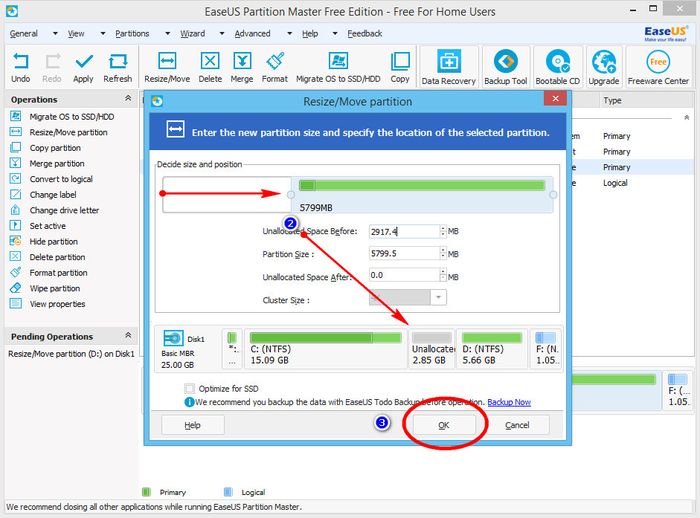 Увеличение системного диска в программе EaseUS Partition Master Free
