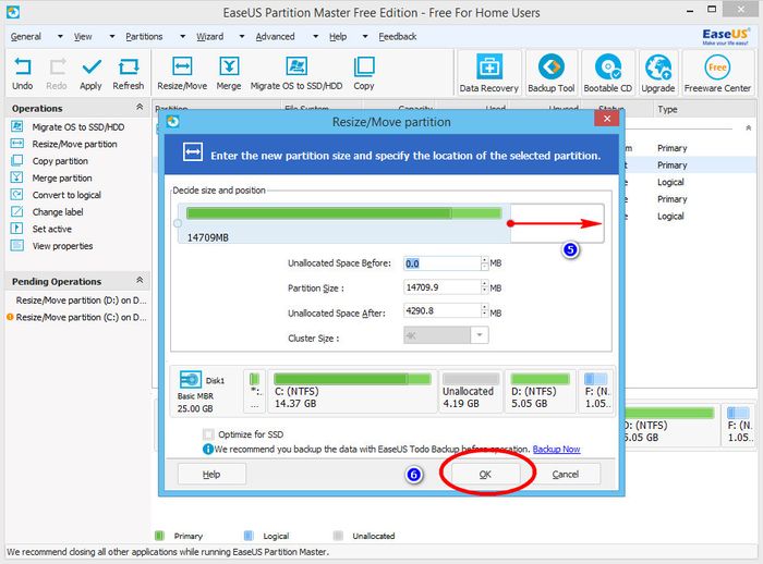 Увеличение системного диска в программе EaseUS Partition Master Free